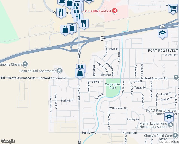 map of restaurants, bars, coffee shops, grocery stores, and more near 1625 West Hayden Avenue in Hanford