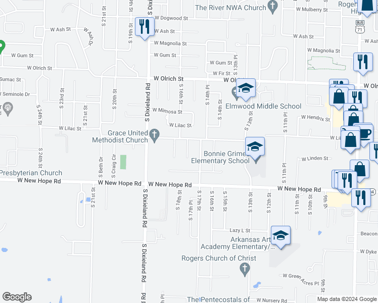 map of restaurants, bars, coffee shops, grocery stores, and more near 1803 South 15th Street in Rogers