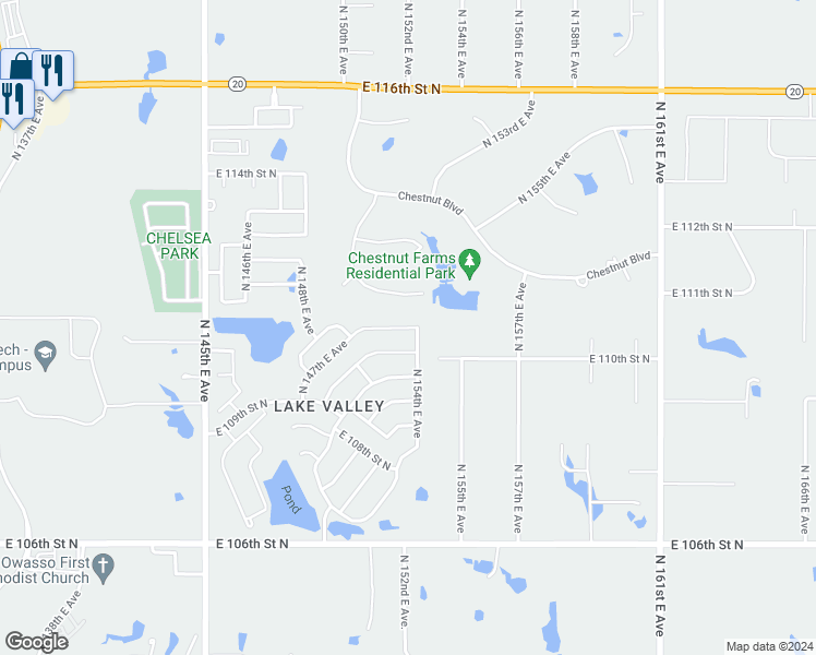 map of restaurants, bars, coffee shops, grocery stores, and more near 15304 East 110th Place North in Owasso