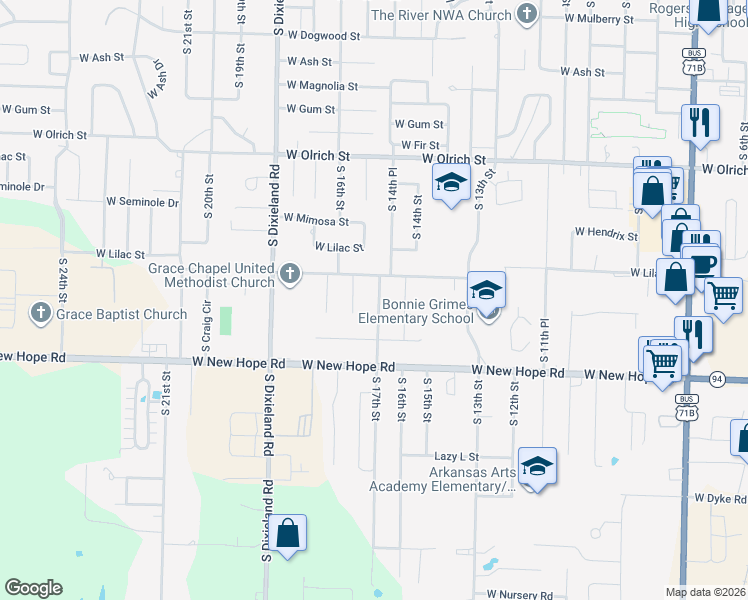 map of restaurants, bars, coffee shops, grocery stores, and more near 1506 West Lela Street in Rogers