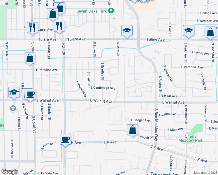 map of restaurants, bars, coffee shops, grocery stores, and more near 1019 East Rose Avenue in Visalia