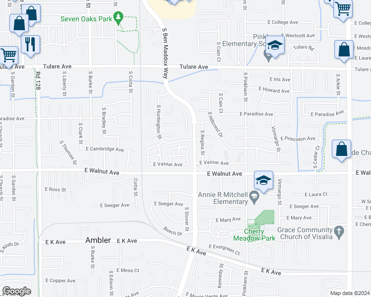 map of restaurants, bars, coffee shops, grocery stores, and more near 1809 South Cain Street in Visalia