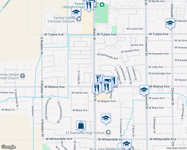 map of restaurants, bars, coffee shops, grocery stores, and more near S Akers St & W Cambridge Ave in Visalia