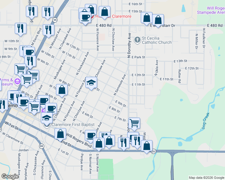 map of restaurants, bars, coffee shops, grocery stores, and more near 426 West 10th Street in Claremore