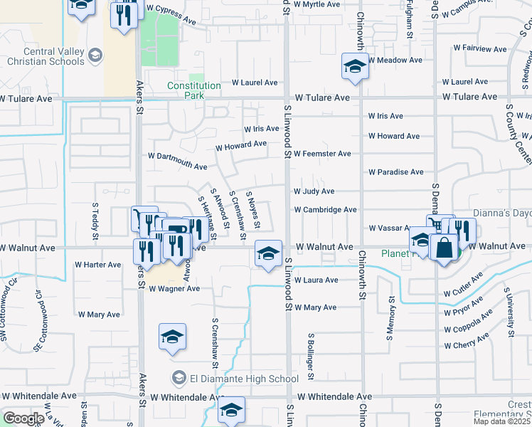 map of restaurants, bars, coffee shops, grocery stores, and more near 4600 West Judy Avenue in Visalia