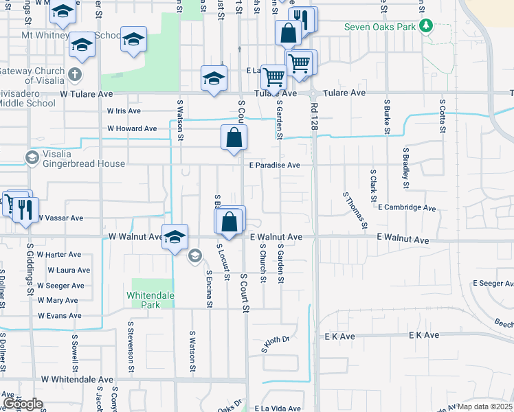map of restaurants, bars, coffee shops, grocery stores, and more near 1738 South Church Street in Visalia