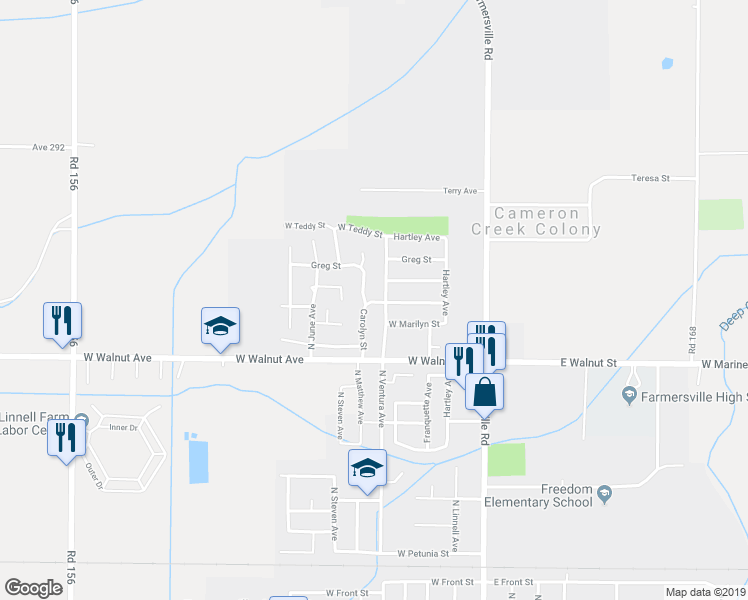 map of restaurants, bars, coffee shops, grocery stores, and more near 510 West Carolyn Street in Farmersville