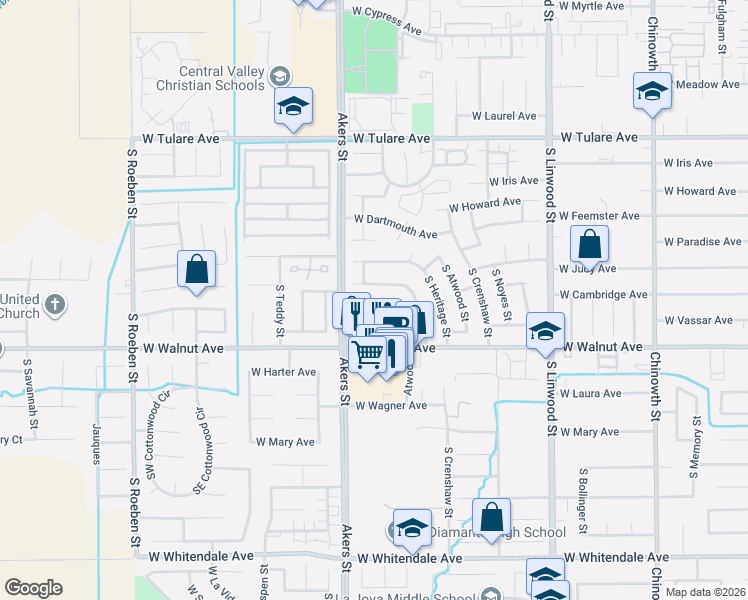 map of restaurants, bars, coffee shops, grocery stores, and more near 5104 W San Joaquin Dr in Visalia