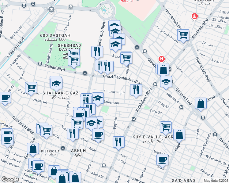 map of restaurants, bars, coffee shops, grocery stores, and more near قاضی طباطبائی 5 in Mashhad