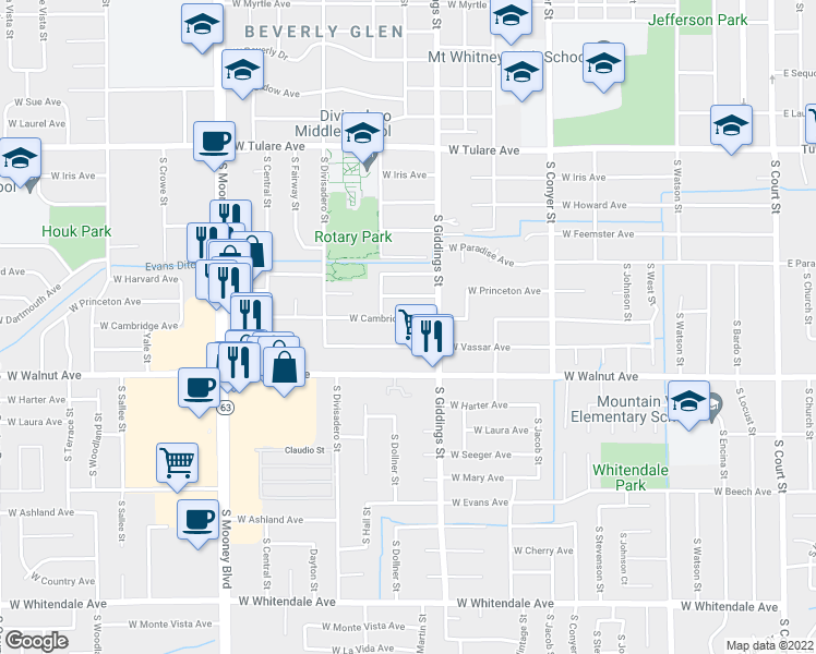 map of restaurants, bars, coffee shops, grocery stores, and more near 1403 West Cambridge Avenue in Visalia