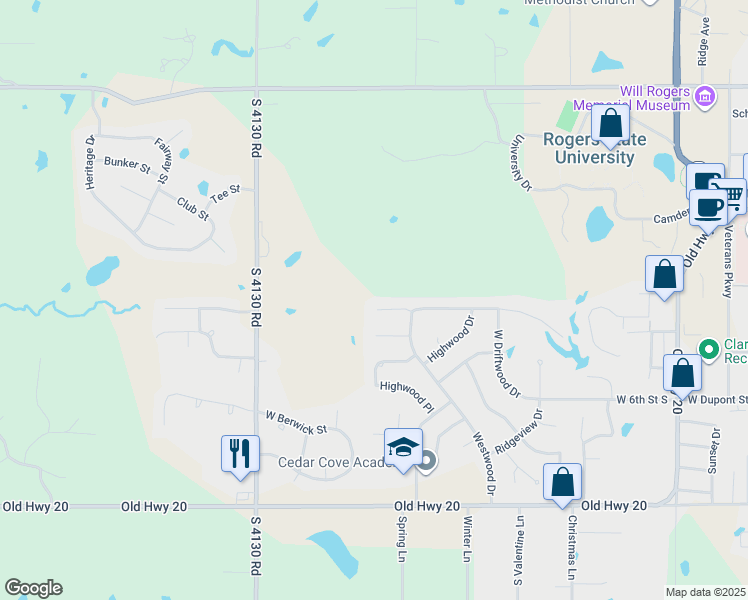 map of restaurants, bars, coffee shops, grocery stores, and more near 2708 Parkwood Court in Claremore