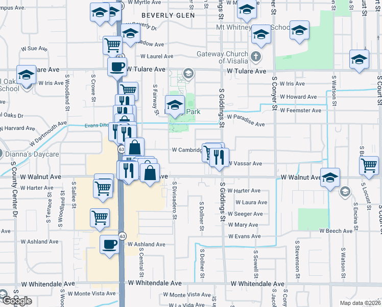 map of restaurants, bars, coffee shops, grocery stores, and more near 1538 W Cambridge Ave in Visalia