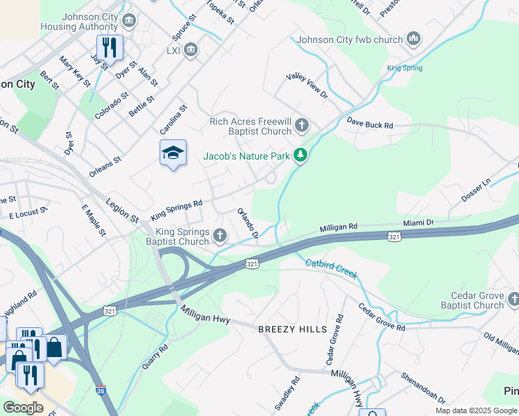 map of restaurants, bars, coffee shops, grocery stores, and more near 330 Preservation Circle in Johnson City