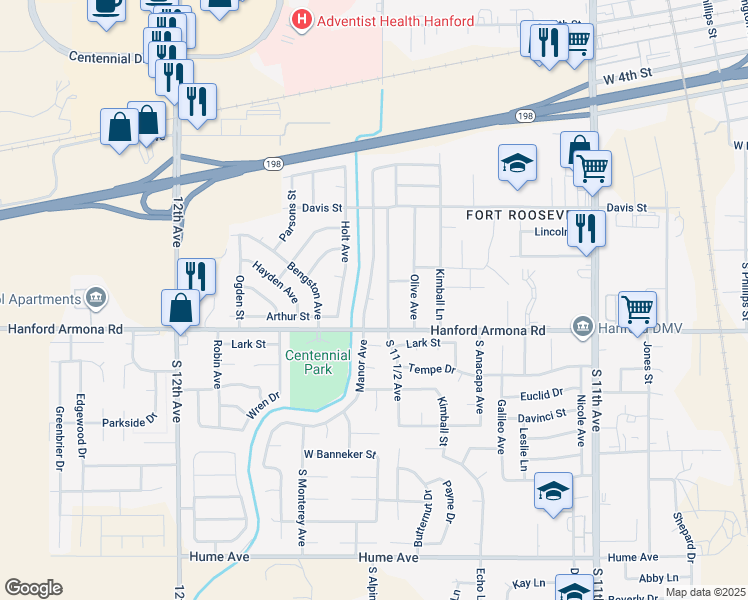 map of restaurants, bars, coffee shops, grocery stores, and more near 1333 Manor in Hanford