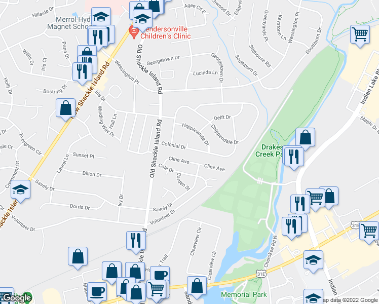map of restaurants, bars, coffee shops, grocery stores, and more near 114 Colonial Drive in Hendersonville
