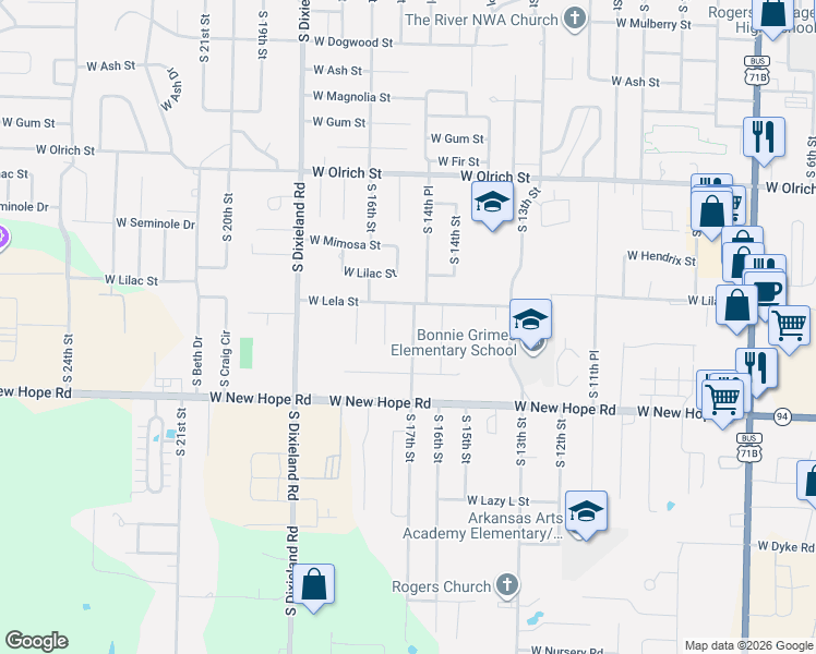 map of restaurants, bars, coffee shops, grocery stores, and more near 1506 West Lela Street in Rogers