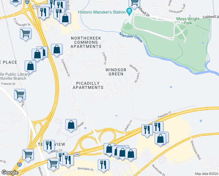 map of restaurants, bars, coffee shops, grocery stores, and more near 108 Butleigh Court in Goodlettsville
