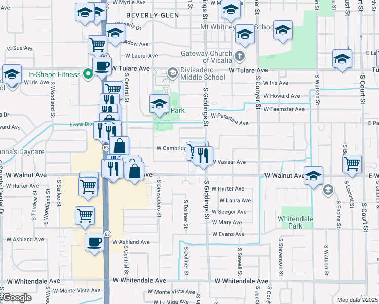 map of restaurants, bars, coffee shops, grocery stores, and more near 1430 West Cambridge Avenue in Visalia