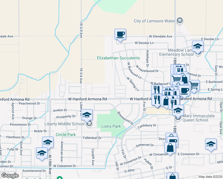 map of restaurants, bars, coffee shops, grocery stores, and more near C Street in Lemoore
