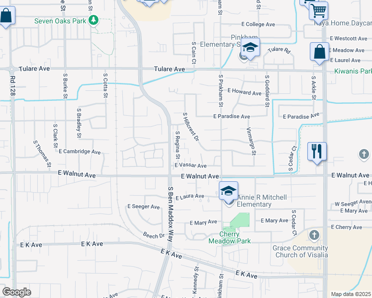 map of restaurants, bars, coffee shops, grocery stores, and more near 1825 East Cambridge Court in Visalia