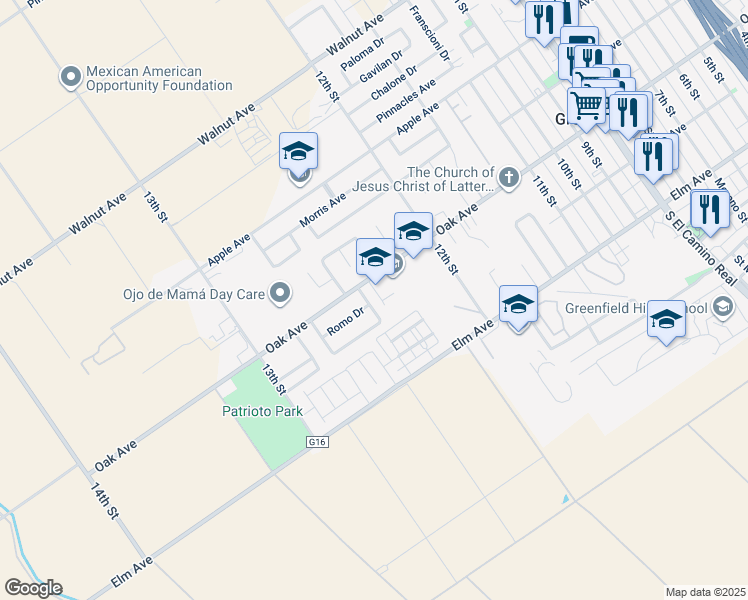 map of restaurants, bars, coffee shops, grocery stores, and more near 1233 Greenleaf Loop in Greenfield