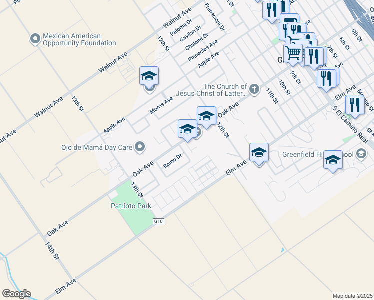 map of restaurants, bars, coffee shops, grocery stores, and more near 1233 Greenleaf Loop in Greenfield