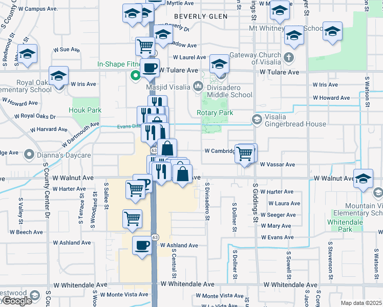 map of restaurants, bars, coffee shops, grocery stores, and more near 1737 South Divisadero Street in Visalia