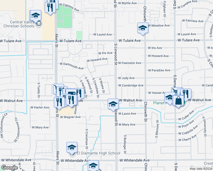 map of restaurants, bars, coffee shops, grocery stores, and more near 1807 South Kent Street in Visalia