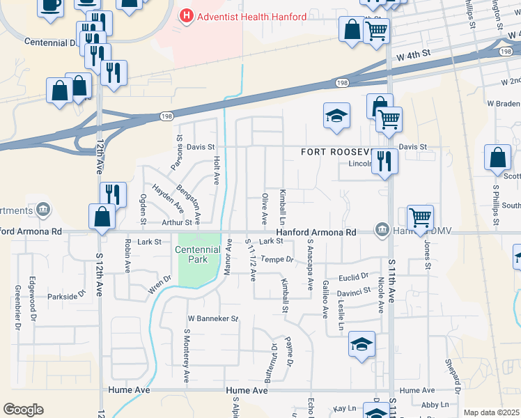 map of restaurants, bars, coffee shops, grocery stores, and more near 930 Olive Avenue in Hanford