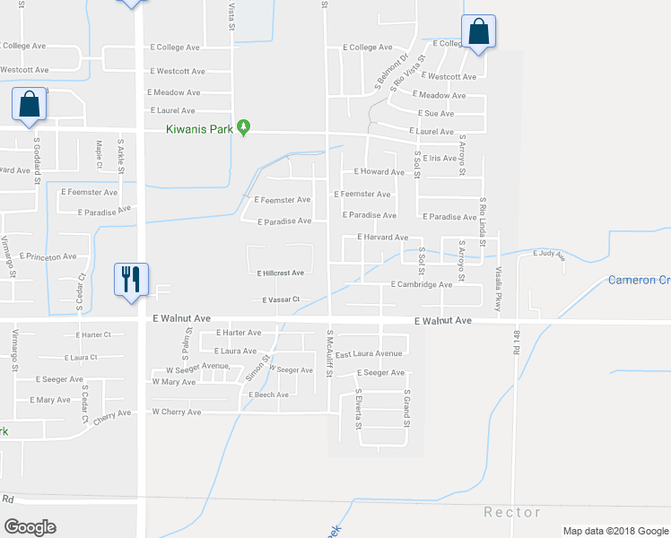 map of restaurants, bars, coffee shops, grocery stores, and more near 3709 East Hillcrest Avenue in Visalia