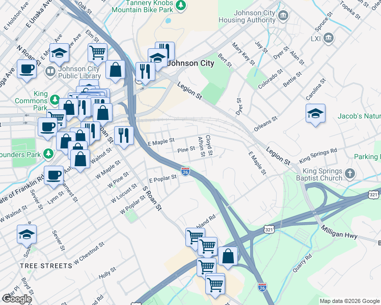 map of restaurants, bars, coffee shops, grocery stores, and more near 1003 Henry Street in Johnson City