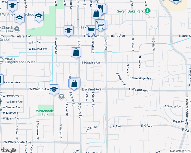 map of restaurants, bars, coffee shops, grocery stores, and more near 1734 South Garden Street in Visalia