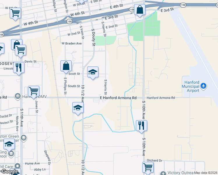 map of restaurants, bars, coffee shops, grocery stores, and more near South Street in Hanford