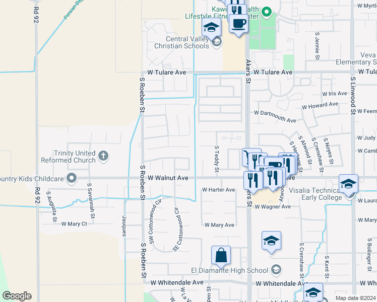 map of restaurants, bars, coffee shops, grocery stores, and more near 5727 West Judy Court in Visalia