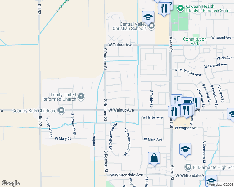 map of restaurants, bars, coffee shops, grocery stores, and more near 5931 West Judy Court in Visalia