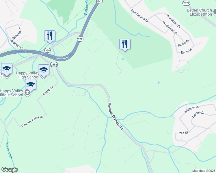 map of restaurants, bars, coffee shops, grocery stores, and more near 707 Powder Branch Road in Elizabethton