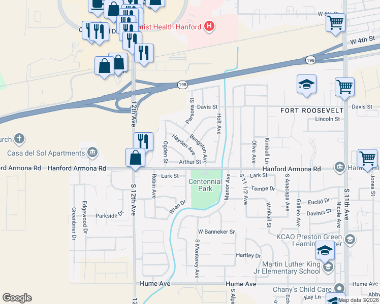 map of restaurants, bars, coffee shops, grocery stores, and more near 1455 Hayden Avenue in Hanford