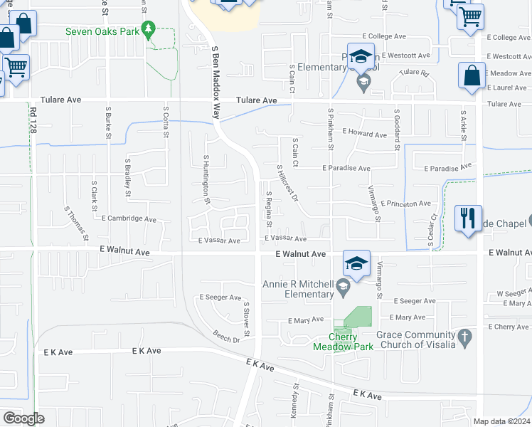 map of restaurants, bars, coffee shops, grocery stores, and more near 1745 South Regina Street in Visalia