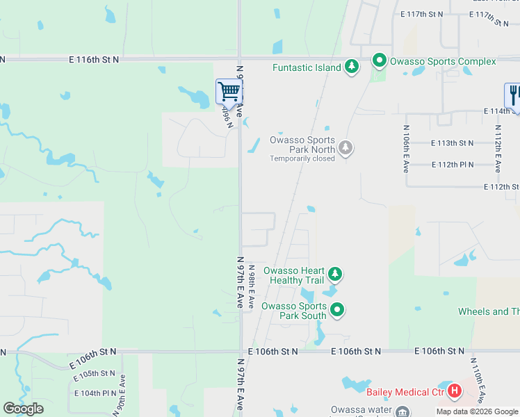 map of restaurants, bars, coffee shops, grocery stores, and more near 9717 East 111th Street North in Owasso