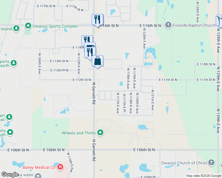 map of restaurants, bars, coffee shops, grocery stores, and more near 11421 East 110th Place North in Owasso