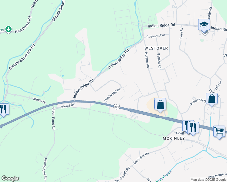 map of restaurants, bars, coffee shops, grocery stores, and more near 129 Poplar Hill Drive in Johnson City