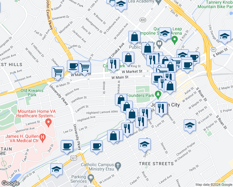 map of restaurants, bars, coffee shops, grocery stores, and more near 608 West Watauga Avenue in Johnson City