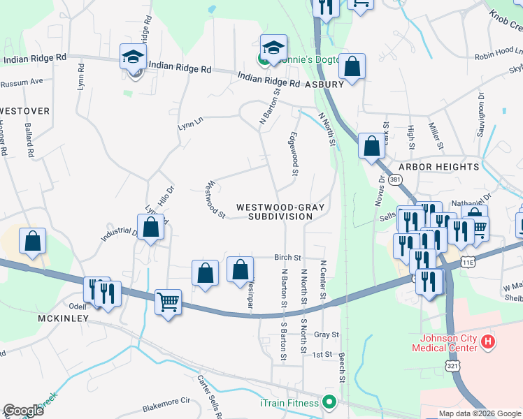 map of restaurants, bars, coffee shops, grocery stores, and more near 2312 Westwood Street in Johnson City