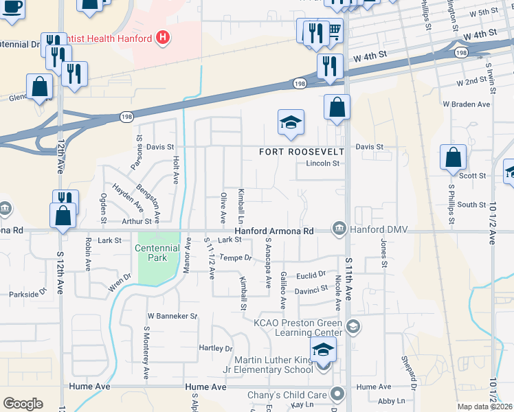 map of restaurants, bars, coffee shops, grocery stores, and more near 857 Kimball Lane in Hanford