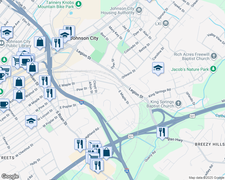 map of restaurants, bars, coffee shops, grocery stores, and more near 636 East Maple Street in Johnson City