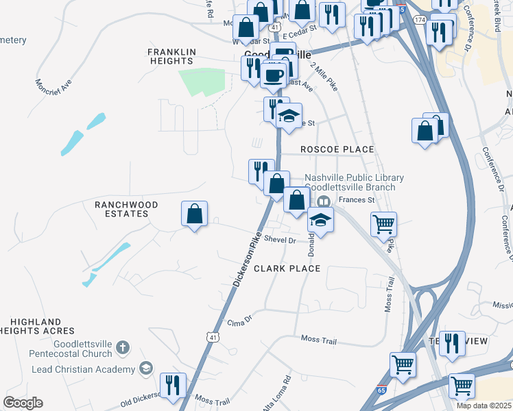 map of restaurants, bars, coffee shops, grocery stores, and more near 603 South Main Street in Goodlettsville
