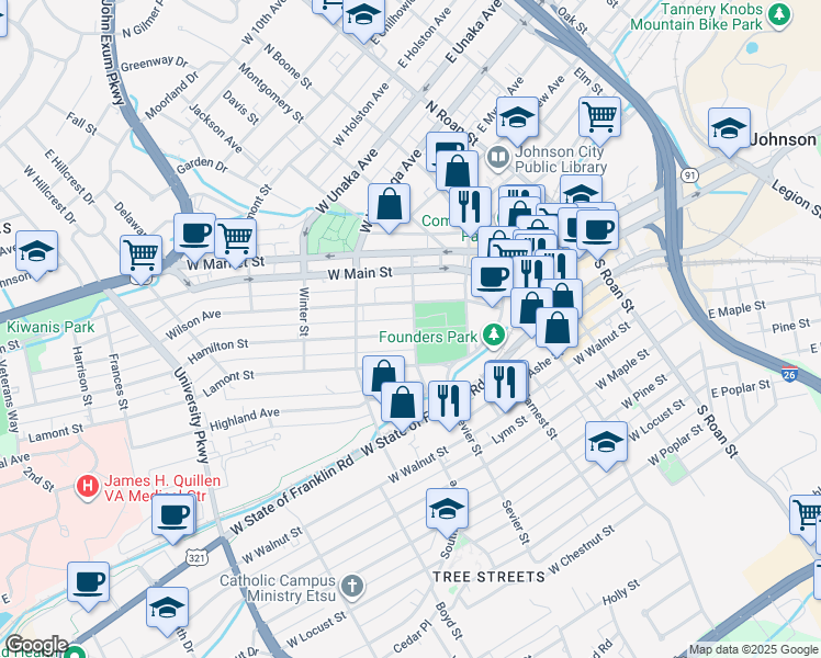map of restaurants, bars, coffee shops, grocery stores, and more near 204 Whitney Street in Johnson City