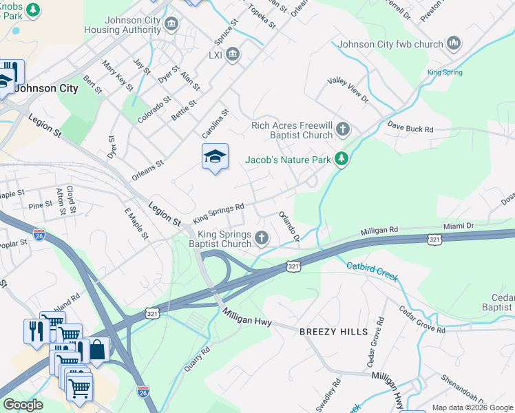 map of restaurants, bars, coffee shops, grocery stores, and more near 1102 King Springs Road in Johnson City
