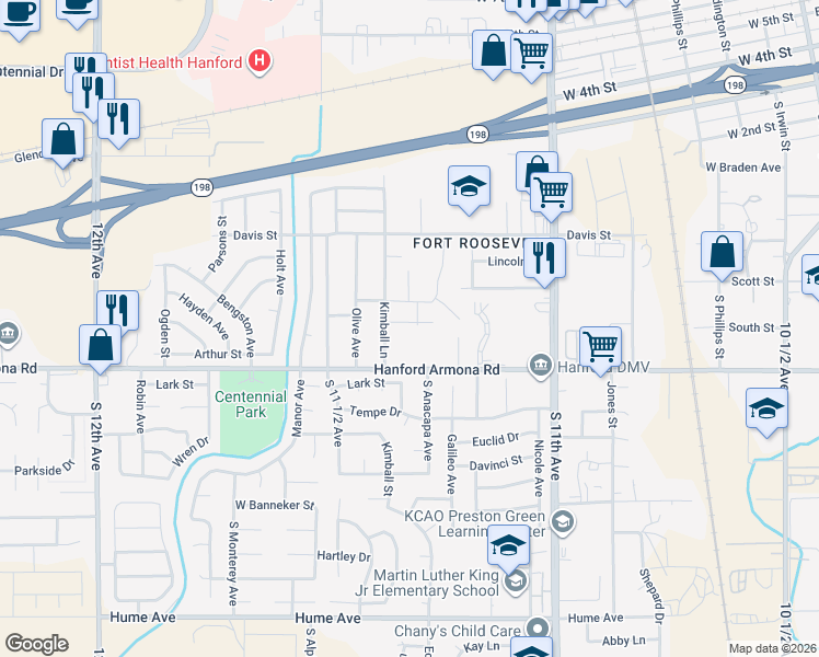 map of restaurants, bars, coffee shops, grocery stores, and more near 857 Kimball Lane in Hanford