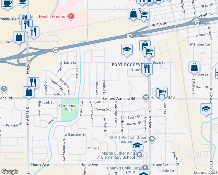 map of restaurants, bars, coffee shops, grocery stores, and more near 857 Kimball Lane in Hanford